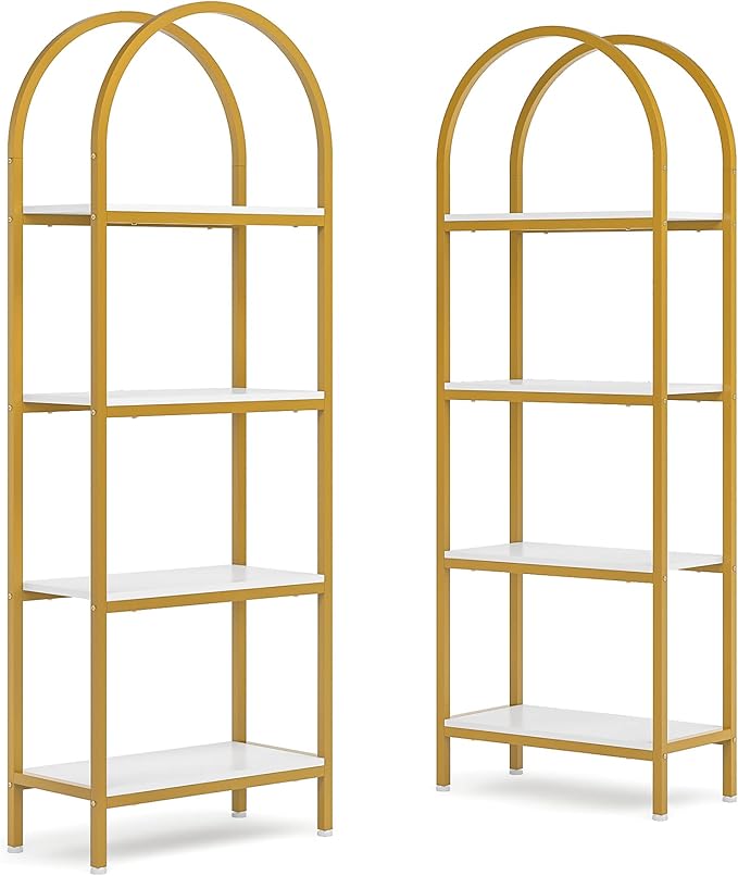 Tribesigns 4-Tier Open Bookshelf Set of 2, 70.8" Modern Wood Bookcase Storage Shelves with Metal Frame, Freestanding Display Rack Tall Shelving Unit for Bedroom, Living Room (White and Gold, 2PCS) - LeafyLoom