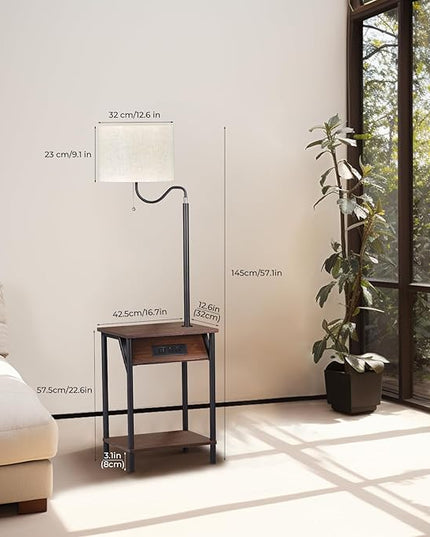 FIMEI Floor Lamp with Table, End Table with Charging Station USB Ports & Outlets, Bedside Table 3 Color Temperature Reading Light, Nightstand with Shelves for Living Room Bedroom Apartment, Red Brown - LeafyLoom