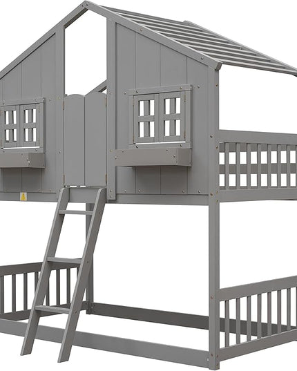 Twin Size House Bunk Bed with Roof, Door, Window and Small Box, Wooden Low Bunkbed Frame with Safety Guardrails and Ladder, for Kids Teens Bedroom, Twin Over Twin, Grey - LeafyLoom