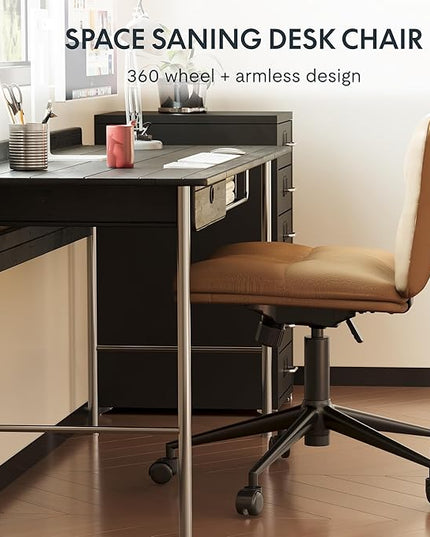 FLEXISPOT Cross Legged Office Chair for Vanity Desk Criss Cross Chair with Wheels Vanity Chair Armless Home Office Desk Chair Comfy Wide Seat Cushion(Coffee Brown) - LeafyLoom