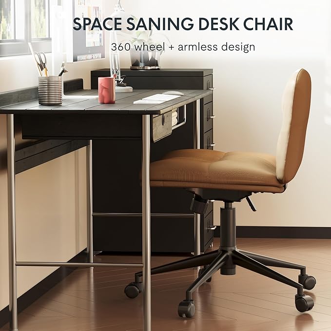 FLEXISPOT Cross Legged Office Chair for Vanity Desk Criss Cross Chair with Wheels Vanity Chair Armless Home Office Desk Chair Comfy Wide Seat Cushion(Coffee Brown) - LeafyLoom