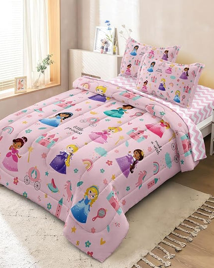 Kids Magical Princess Comforter Set Bed in a Bag Full Size- 5 Piece Soft Cute Castle Bedding Set for Girls (1 Comforter, 1 Flat Sheet, 1 Fitted Sheet, 2 Pillowcases), Pink - LeafyLoom