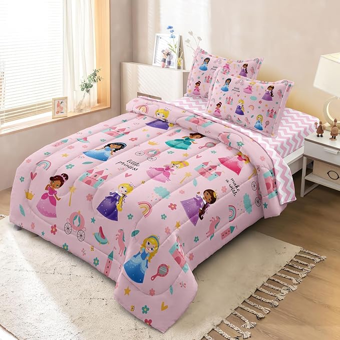 Kids Magical Princess Comforter Set Bed in a Bag Full Size- 5 Piece Soft Cute Castle Bedding Set for Girls (1 Comforter, 1 Flat Sheet, 1 Fitted Sheet, 2 Pillowcases), Pink - LeafyLoom