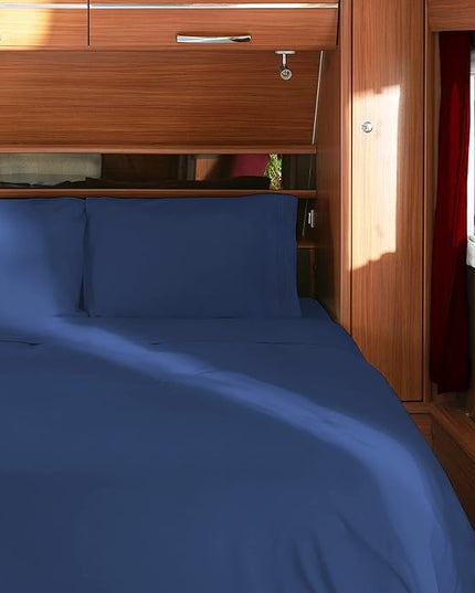 Mellanni RV Short Queen Sheets - 4 PC Iconic Collection Bedding Sheets & Pillowcases - Hotel Luxury, Extra Soft, Cooling Bed Sheets - Deep Pocket up to 10 inch (RV/Short Queen, Navy Blue) - LeafyLoom