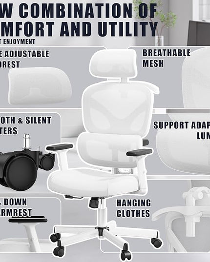 Office Chair, Ergonomic Desk Chair, High Back Desk Chair, Big and Tall Reclining Comfy Home Office Chair with Lumbar Support Breathable Mesh Computer Chair Adjustable Armrests - LeafyLoom