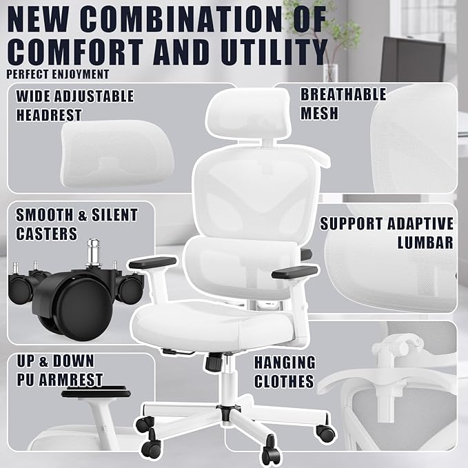 Office Chair, Ergonomic Desk Chair, High Back Desk Chair, Big and Tall Reclining Comfy Home Office Chair with Lumbar Support Breathable Mesh Computer Chair Adjustable Armrests - LeafyLoom