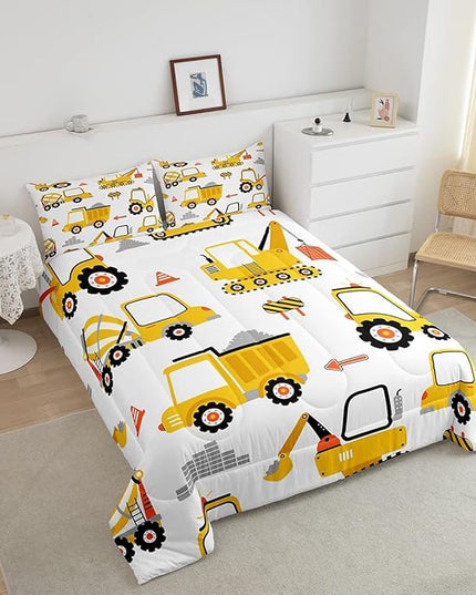 Cartoon Car Comforter Set Kids Construction Comforter for Boys Equipment Trucks Bedding Set Breathable Cartoon Yellow Car Excavator Tractor Duvet Set Room Decor Quilt Set Full Size - LeafyLoom