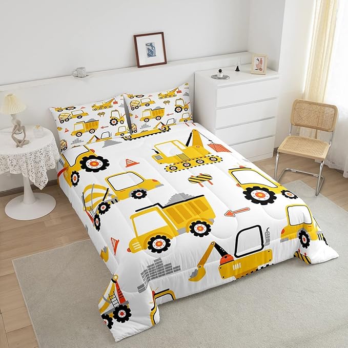 Cartoon Car Comforter Set Kids Construction Comforter for Boys Equipment Trucks Bedding Set Breathable Cartoon Yellow Car Excavator Tractor Duvet Set Room Decor Quilt Set Full Size - LeafyLoom