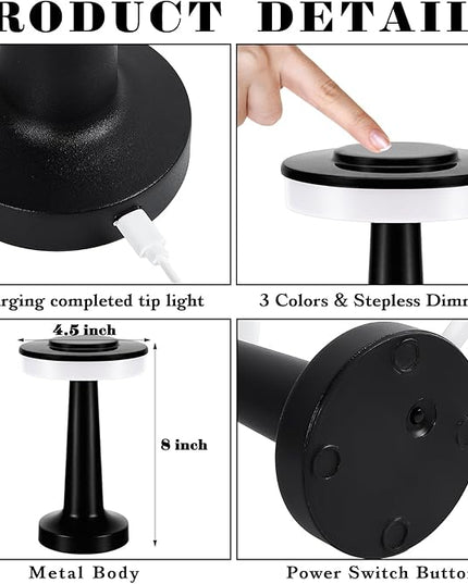 Set of 8 LED Portable Cordless Table Lamp with Touch Sensor 3 Color Stepless Dimming Rechargeable Battery up to 15 Hours Cordless Lamp Table Light Wireless Lamp for Kids Nursery (Black) - LeafyLoom
