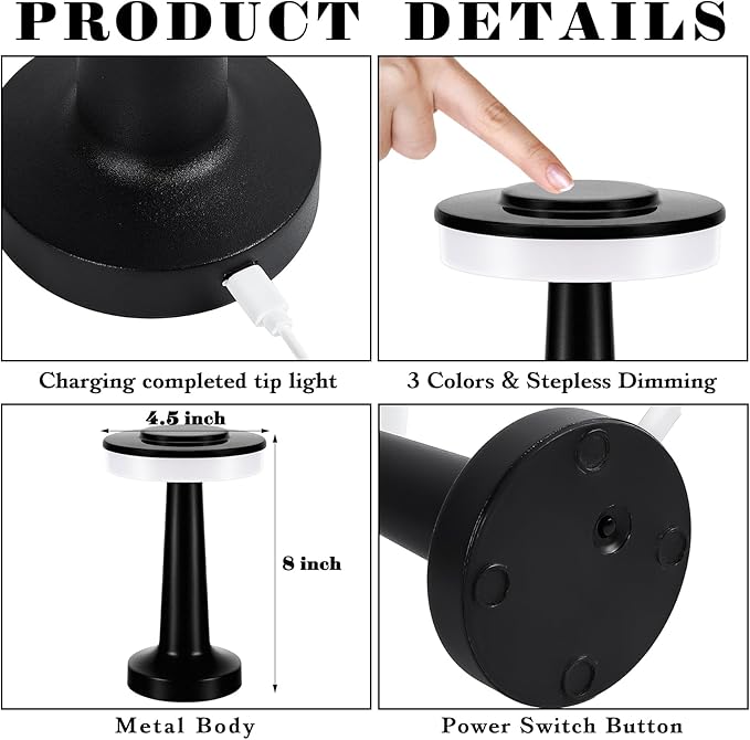 Set of 8 LED Portable Cordless Table Lamp with Touch Sensor 3 Color Stepless Dimming Rechargeable Battery up to 15 Hours Cordless Lamp Table Light Wireless Lamp for Kids Nursery (Black) - LeafyLoom
