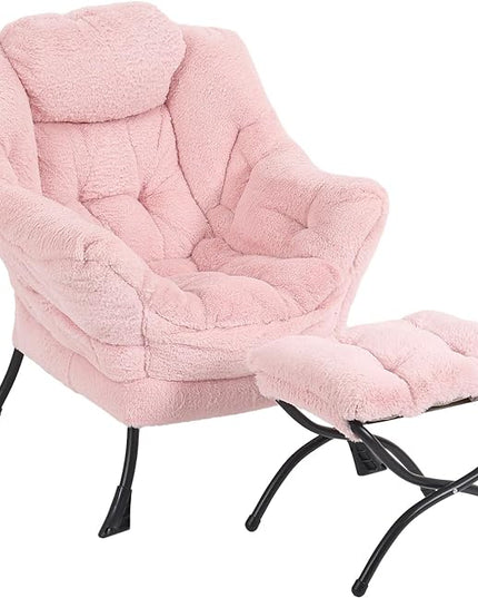 Lazy Chair with Ottoman, Modern Chair with Folding Footrest, Lounge Accent Chair, Comfortable Reading Chair, Oversized Armchairs for Bedroom, Study, Living Room(Plush Pink) - LeafyLoom