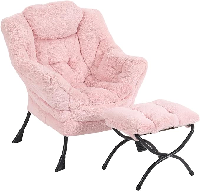 Lazy Chair with Ottoman, Modern Chair with Folding Footrest, Lounge Accent Chair, Comfortable Reading Chair, Oversized Armchairs for Bedroom, Study, Living Room(Plush Pink) - LeafyLoom
