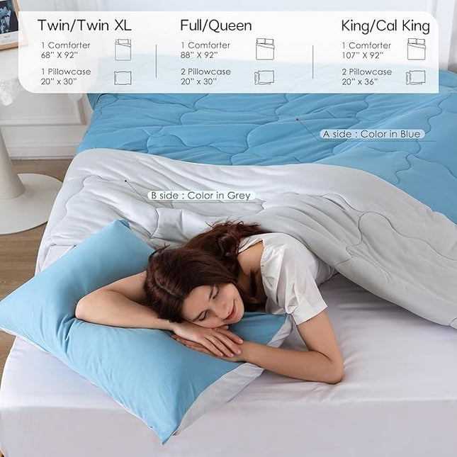 COTTEBED Reversible Light Blue and Grey Bed Comforter Twin Set, Jersey Knit T-Shirt Feel Ultra-Soft Lightweight Bedding Blanket Quilt & Pillowcase for Kid Boy Girl College Dorm All Season(Twin/TwinXL) - LeafyLoom