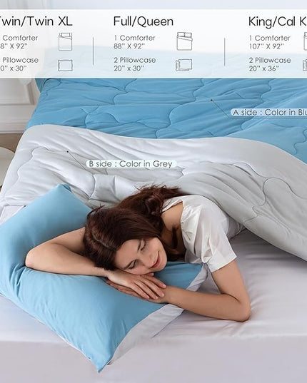 COTTEBED Blue and Grey KING Sized Bed Down Comforters Set, Jersey Knit Milk Cup Dual-Sided Reversible Softness Breathable Lightweight California King Bedding Alternative Quilt & Pillowsham All Seasons - LeafyLoom