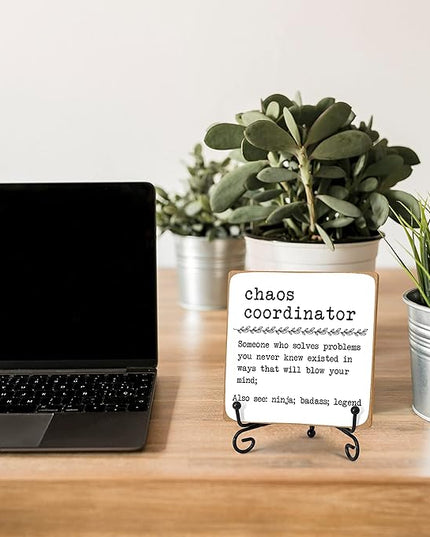 Chaos Coordinator Home Office Desk Decor Wood Plaque with Stand, Unique Gift Idea for Boss Women, Best Mom, Coworker, Teacher, School Counselor Therapy Office Decor -A13 - LeafyLoom