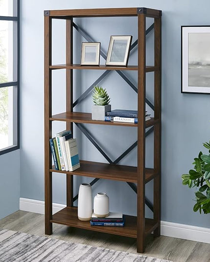Walker Edison 4 shelves Andersen Urban Industrial Metal X Back Bookshelf, 64 Inch, Dark Walnut - LeafyLoom