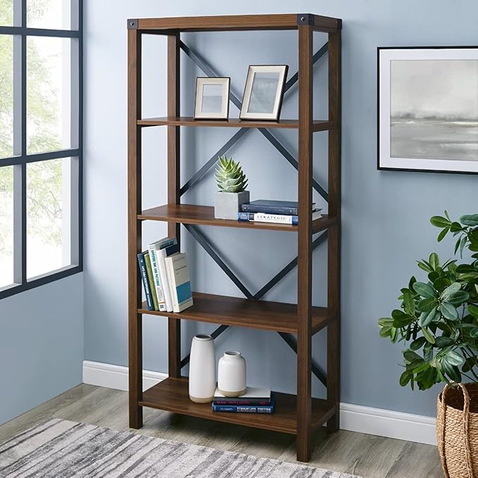 Walker Edison 4 shelves Andersen Urban Industrial Metal X Back Bookshelf, 64 Inch, Dark Walnut - LeafyLoom