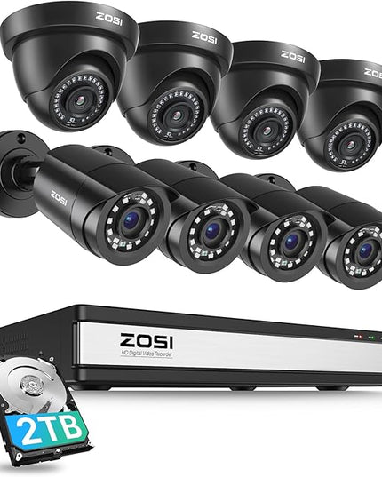 ZOSI 16CH 3K Lite Home Security Camera System,AI Human/Vehicle Detection,Night Vision,Remote Access,8pcs 1080p Outdoor Surveillance Cameras,16 Channel 1080P CCTV DVR with 2TB HDD for 24/7 Recording ZOSI