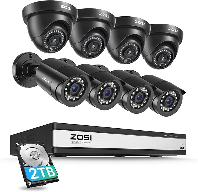 ZOSI 16CH 3K Lite Home Security Camera System,AI Human/Vehicle Detection,Night Vision,Remote Access,8pcs 1080p Outdoor Surveillance Cameras,16 Channel 1080P CCTV DVR with 2TB HDD for 24/7 Recording ZOSI