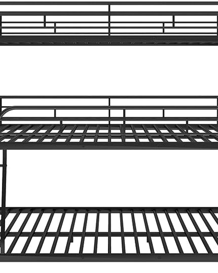 Twin XL/Full XL/Queen Triple Bunk Bed with Long and Short Ladder and Full-Length Guardrails,Metal Bed-Frame for Bedroom/Living Room/Apartment,Guest-Room,Black - LeafyLoom