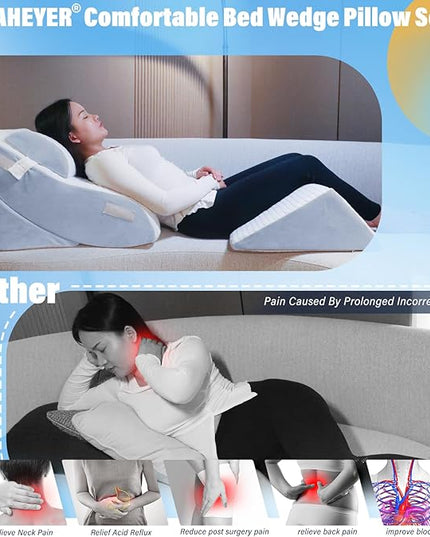 SAHEYER 4pcs Orthopedic Bed Wedge Pillow Set, Post Surgery Memory Foam for Back, Neck and Leg Pain Relief, Gel Memory Foam Pillow for Heartburn, Anti Snoring, Acid Reflux & GERD Sleeping - LeafyLoom