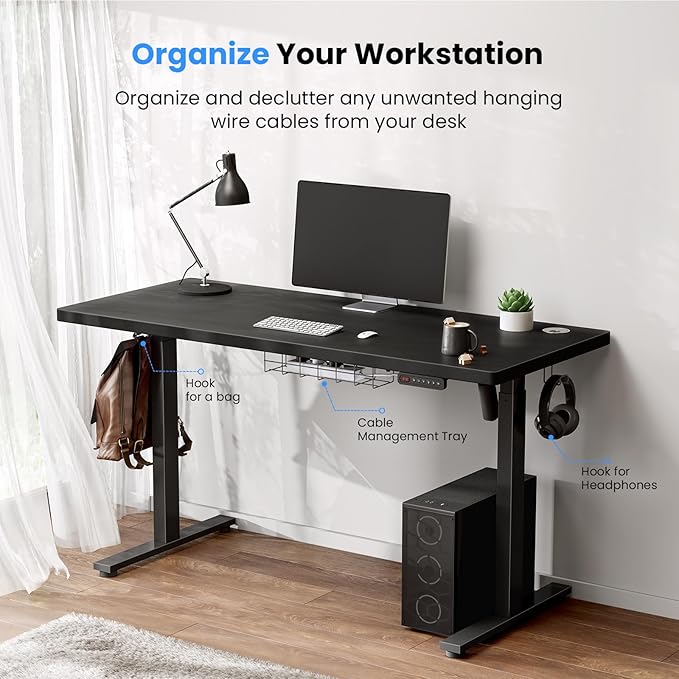 Electric Standing Desk Adjustable - 55 x 24 Inch Sit Stand up Desk with Cable Management - 3 Memory Preset Adjustable Height Desk Computer Home Office Desk - LeafyLoom