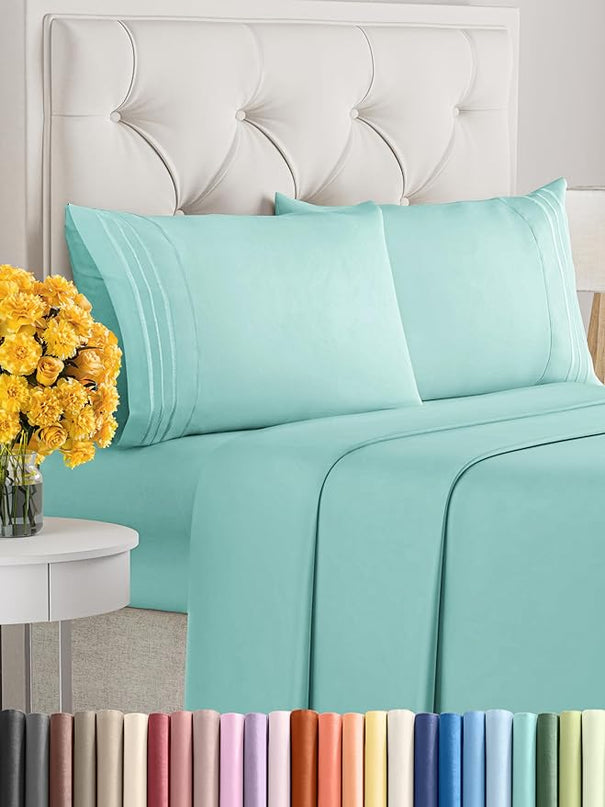 King Size 4 Piece Sheet Set - Comfy Breathable & Cooling Sheets - Hotel Luxury Bed Sheets for Women & Men - Deep Pockets, Easy-Fit, Extra Soft & Wrinkle Free Sheets - Spa Blue Oeko-Tex Bed Sheet Set - LeafyLoom