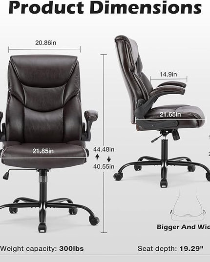 JHK Leather Office Chair with Flip Up Arms, Executive High Back Big and Tall Desk Chairs with Ergonomic Lumbar Support, Adjustable Height,Wheels, Soft Padded, Brown - LeafyLoom