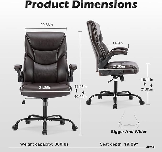 JHK Leather Office Chair with Flip Up Arms, Executive High Back Big and Tall Desk Chairs with Ergonomic Lumbar Support, Adjustable Height,Wheels, Soft Padded, Brown - LeafyLoom