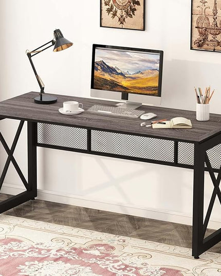 BON AUGURE Industrial Computer Desk, Rustic Wood Desk for Home Office, Sturdy Metal Writing Work Desk (60 Inch, Dark Grey Oak) - LeafyLoom