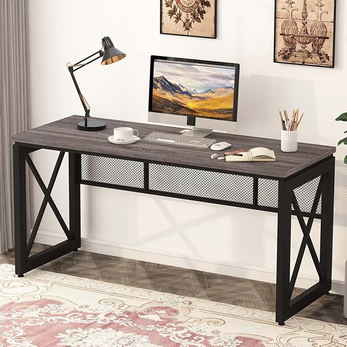 BON AUGURE Industrial Computer Desk, Rustic Wood Desk for Home Office, Sturdy Metal Writing Work Desk (60 Inch, Dark Grey Oak) - LeafyLoom