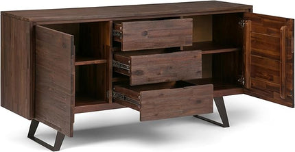 SIMPLIHOME Lowry SOLID ACACIA WOOD and Metal 60 Inch Wide Rectangle Modern Industrial Sideboard Buffet in Distressed Charcoal Brown, For the Dining Room and Kitchen - LeafyLoom