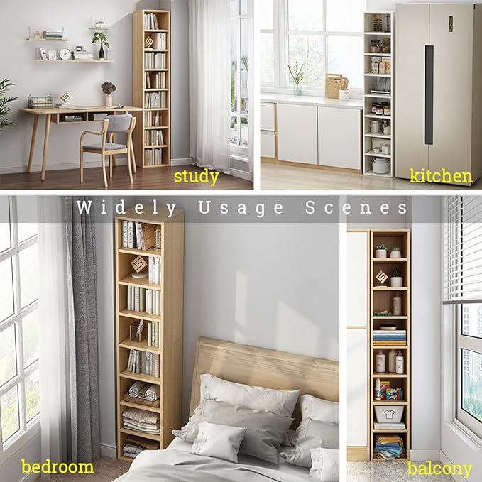 IOTXY Small Narrow Corner Bookcase - 59 Inches Tall Gap Freestanding Storage Cabinet, 7 Lattices Open Shelves Tower Rack, Cubes Bookshelf in White - LeafyLoom