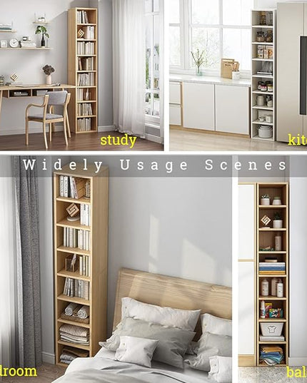 IOTXY Small Narrow Corner Bookcase - 71 Inches Tall Gap Freestanding Storage Cabinet, 8 Lattices Open Shelves Tower Rack, Cubes Bookshelf in Oak - LeafyLoom