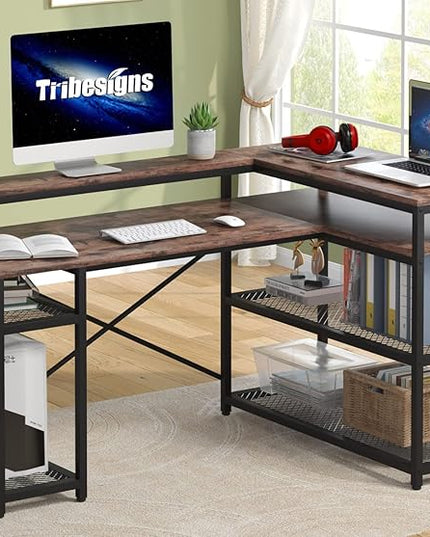 Tribesigns L Shaped Desk with Storage and Monitor Stand, Industrial Home Office Computer Desk with Storage Shelves, 59 Inch Corner Desk with Monitor Shelf(Brown) - LeafyLoom