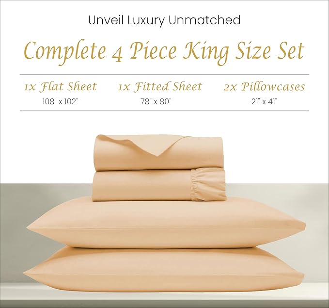 Bluemoon Homes 100% Egyptian Cotton Sheets King Size Deep Pocket - 1000 Thread Count Bed Sheets King Size Set, 4 Pc King Bed Size Sheets Set, Fits Upto 18' Mattress, Luxury Bedding, Sand - LeafyLoom