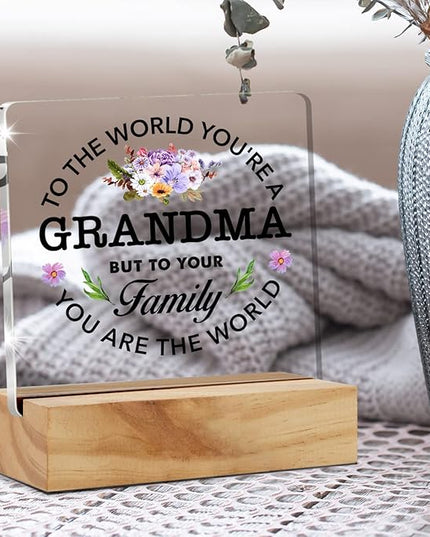 Best Grandma Gifts Floral Grandma You are the World Quote Decorative Desk Decor Grandma Acrylic Desk Plaque Sign with Wood Stand Home Office Desk Sign Keepsake Present - LeafyLoom