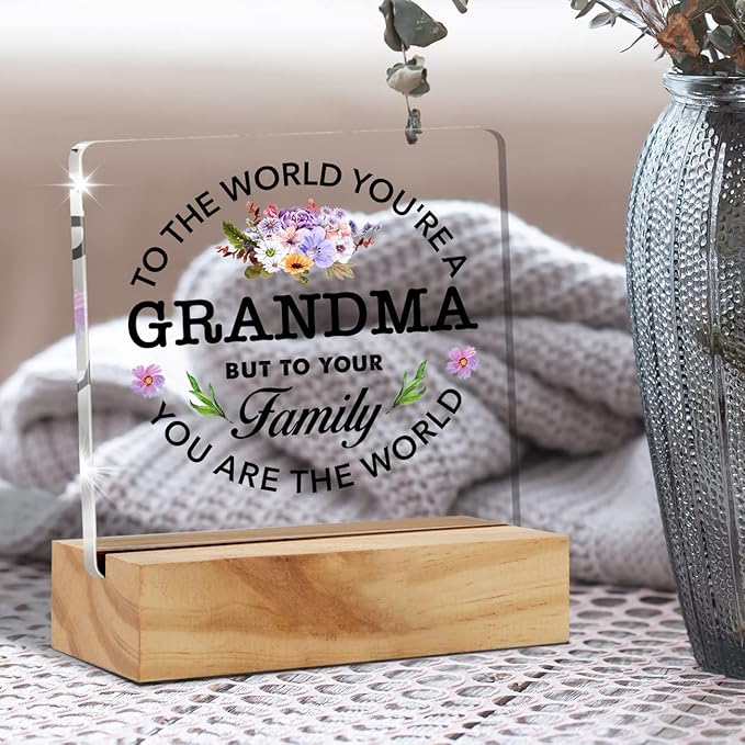 Best Grandma Gifts Floral Grandma You are the World Quote Decorative Desk Decor Grandma Acrylic Desk Plaque Sign with Wood Stand Home Office Desk Sign Keepsake Present - LeafyLoom