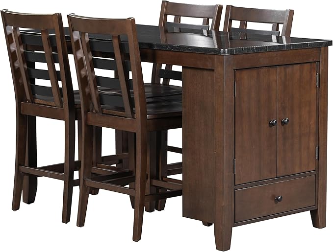 Counter Height Dining 4 with Faux Marble Tabletop, Solid Wood Modern Table Set with Storage Cabinet and Drawer, Dark Walnut - LeafyLoom