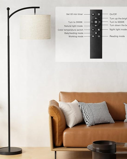 Ambimall Floor Lamp with Remote Control and Stepless Dimmable Bulb, Colors Temperature & Brightness Adjustable, Modern Floor Lamps for Living Room（Beige Shade & Black Pole） - LeafyLoom