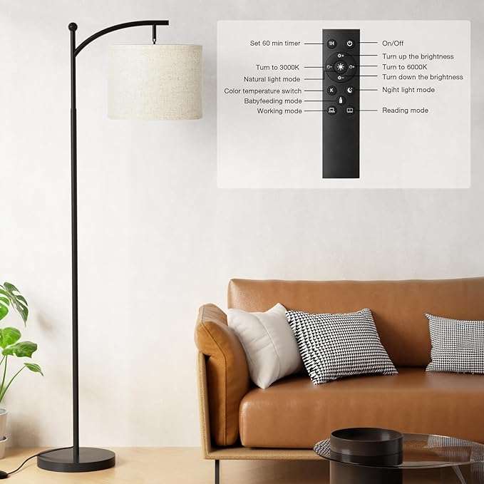 Ambimall Floor Lamp with Remote Control and Stepless Dimmable Bulb, Colors Temperature & Brightness Adjustable, Modern Floor Lamps for Living Room（Beige Shade & Black Pole） - LeafyLoom