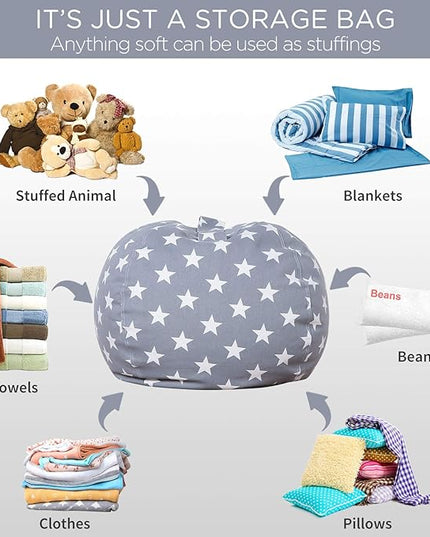 Aubliss Stuffed Animal Storage Bean Bag Chair Cover Only for Plush Toys, Blankets, X-Large 48"-Canvas Stars Grey - LeafyLoom