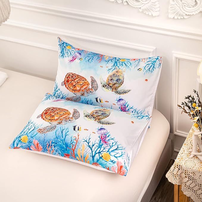 CVHOUSE Sea Turtle Comforter Set,Ocean Watercolor Sea Turtle Bedding Set for Kids Teens,Ocean Sea Turtle Comforter Sea Turtle Duvet Set Room Decor Quilt Set Queen Size - LeafyLoom