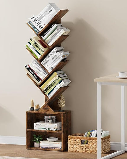 Vagusicc 6 Tier Tree Bookshelf, Modern Floor Standing Bookcase with Storage Drawer, Space Saving Storage Organizer Book Shelves for Books, Tall Wood Storage Rack for Bedroom/Living Room/Home Office - LeafyLoom