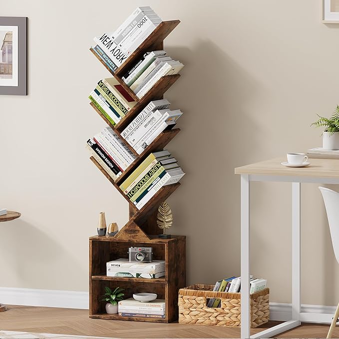 Vagusicc 6 Tier Tree Bookshelf, Modern Floor Standing Bookcase with Storage Drawer, Space Saving Storage Organizer Book Shelves for Books, Tall Wood Storage Rack for Bedroom/Living Room/Home Office - LeafyLoom