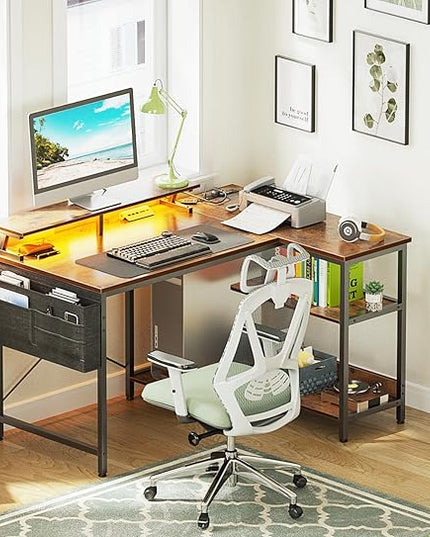 ODK 40 Inch Gaming Desk with USB Charging Ports and LED Lights, Reversible L Shaped Computer Desk with Storage Shelves & Monitor Stand, Corner Home Office Desk Table with Power Outlets, Vintage - LeafyLoom
