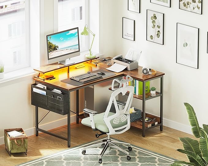 ODK 40 Inch Gaming Desk with USB Charging Ports and LED Lights, Reversible L Shaped Computer Desk with Storage Shelves & Monitor Stand, Corner Home Office Desk Table with Power Outlets, Vintage - LeafyLoom