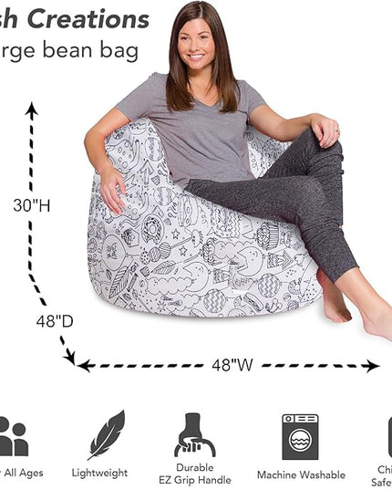 Posh Creations Bean Bag Chair for Kids, Teens, and Adults Includes Removable and Machine Washable Cover, Canvas Coloring Fabric - Fun Creatures, 48in - X-Large - LeafyLoom
