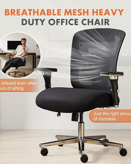 Sweetcrispy Big and Tall Office Desk Chair with Lumbar Support, 500lbs Heavy Duty Mesh Ergonomic Computer Chair with Arm and Wide Comfy Seat, Wheels for Adult - LeafyLoom