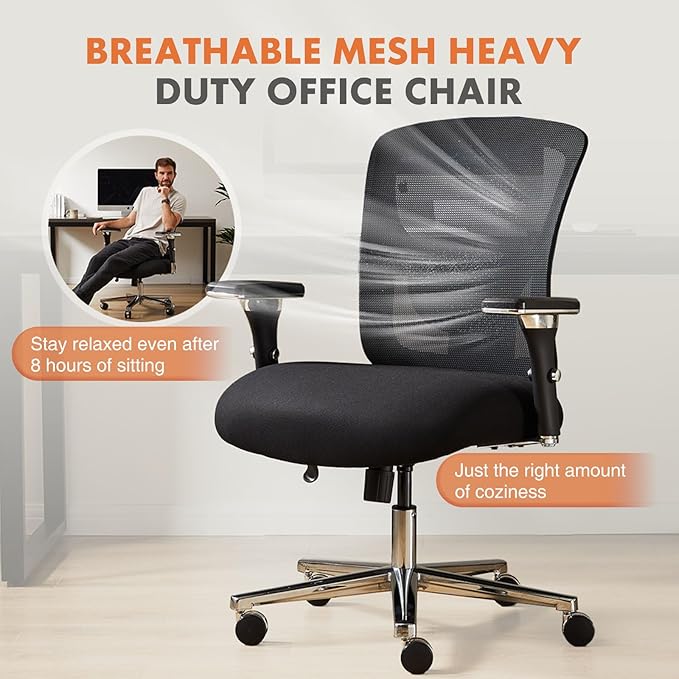 Sweetcrispy Big and Tall Office Desk Chair with Lumbar Support, 500lbs Heavy Duty Mesh Ergonomic Computer Chair with Arm and Wide Comfy Seat, Wheels for Adult - LeafyLoom
